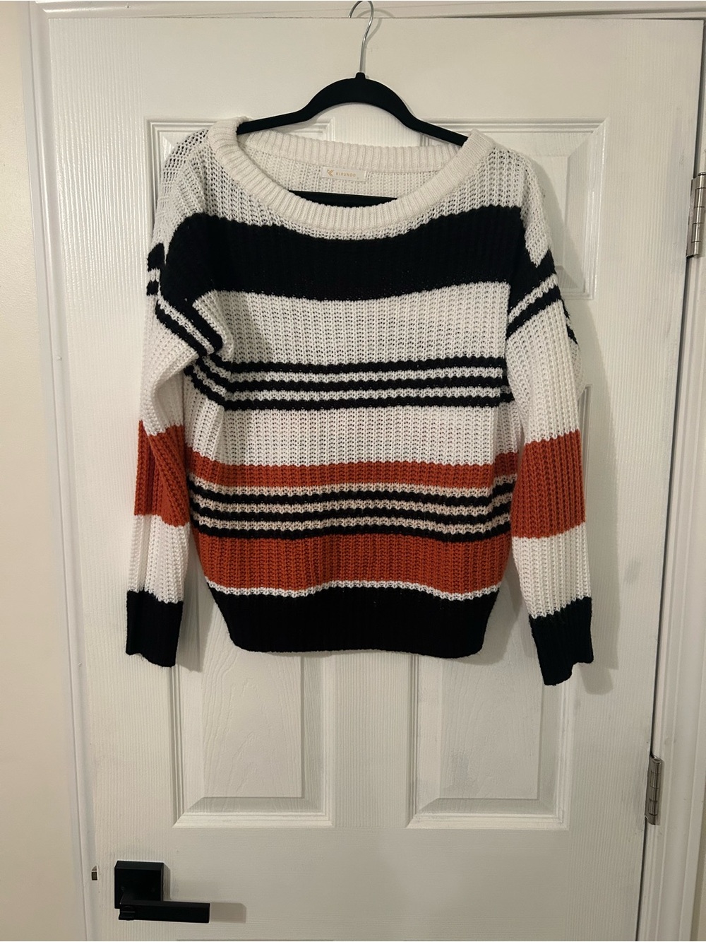 Striped Crewneck Sweater in White, Black & Rust